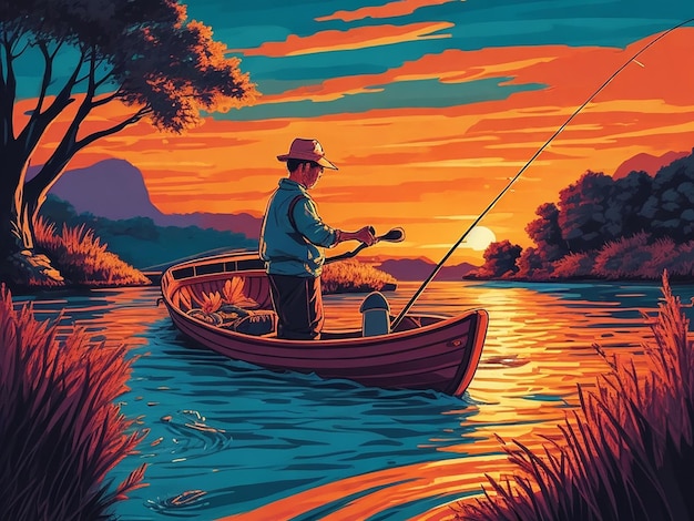 Ilustración de la pesca en el río