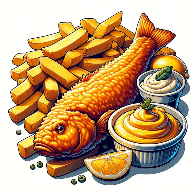 Ilustración de pescado y papas fritas de una comida típica británica