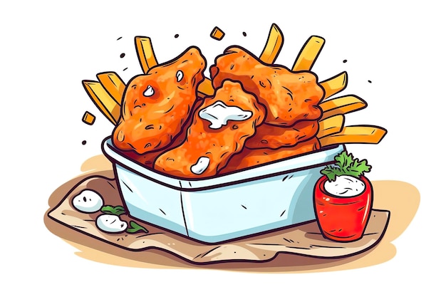 Ilustración de pescado y patatas fritas Ilustración de comida IA generativa