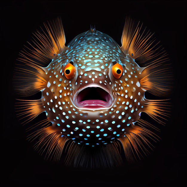 Ilustración de pez globo surrealista con la boca abierta sobre fondo negro Generar Ai