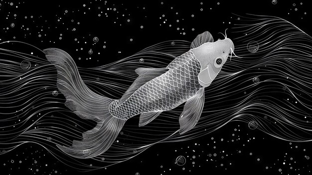 Ilustración de un pez koi en el mar sobre un fondo negro