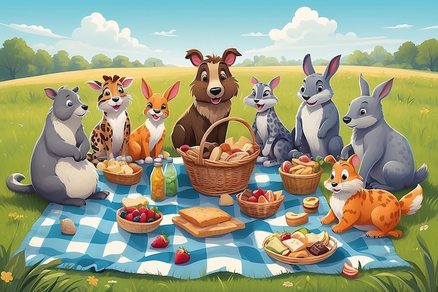 Ilustración de un picnic de animales en un campo de hierba