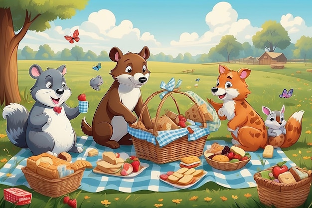 Ilustración de un picnic de animales en un campo de hierba