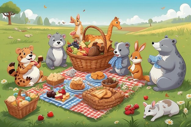 Ilustración de un picnic de animales en un campo de hierba