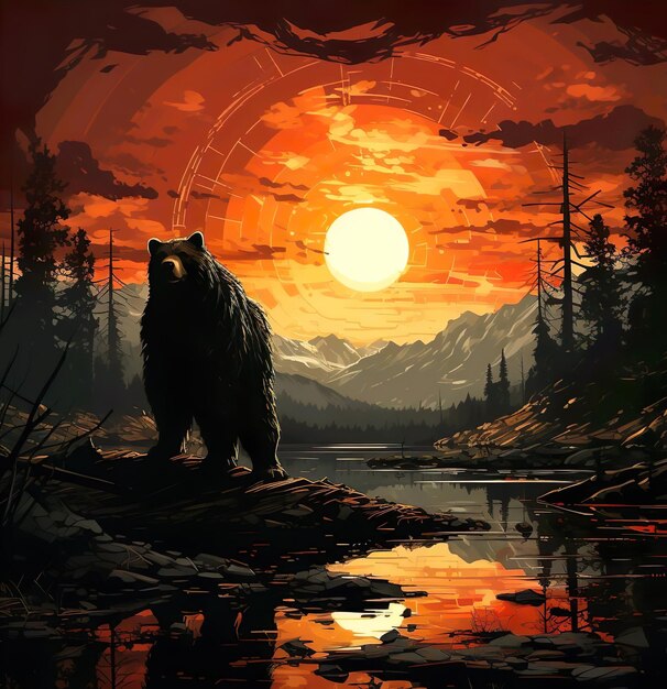 Una ilustración pictórica de un oso y un lago al atardecer.