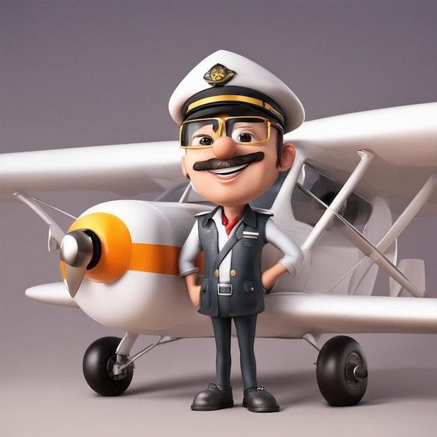 Foto ilustración de piloto de dibujos animados masculino de personaje 3d con un papel pintado de avión