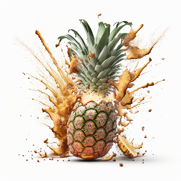 Ilustración de piña explosiva sobre fondo blanco Ai generativo