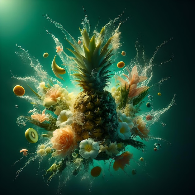 Ilustración de una piña con salpicaduras de agua