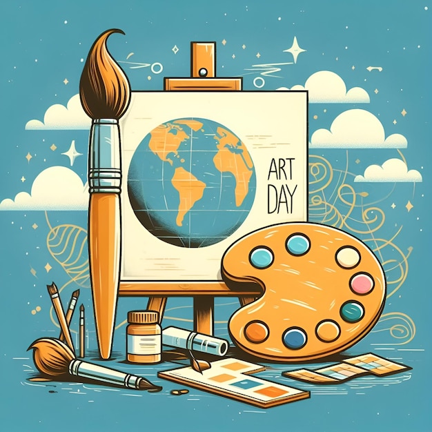 Foto ilustración de un pincel y una paleta de pintura en el día mundial del arte