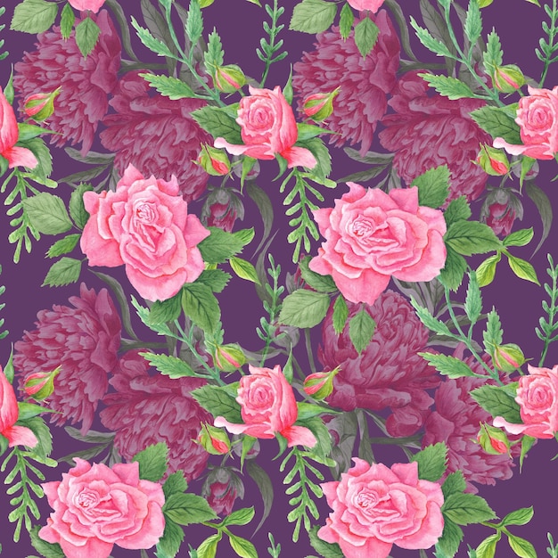 Ilustración pintada a mano sin costuras con flores rosas y peonías sobre fondo púrpura