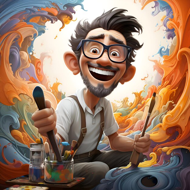 Foto ilustración de un pintor feliz sentado frente a un fondo colorido.