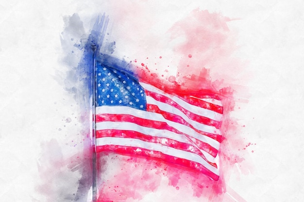 Ilustración de pintura de acuarela de la bandera americana aislada sobre un fondo blanco