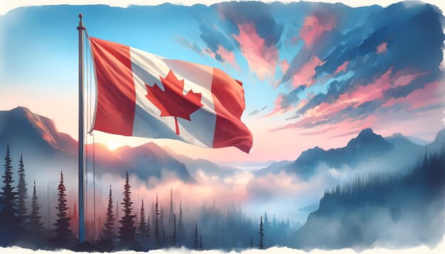 Ilustración de pintura en acuarela de la bandera canadiense ondeando frente a las montañas de niebla en el fondo