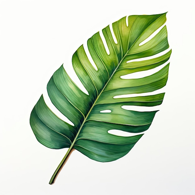 Ilustración de una pintura en acuarela de hojas tropicales sobre un fondo blanco al estilo de Dino Valls