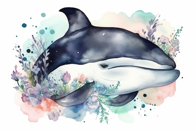 Ilustración de pintura de acuarela de orca nadando en flores sobre fondo blanco IA generativa