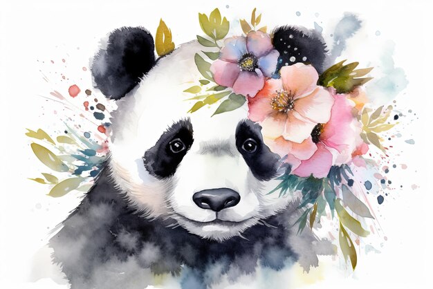 Ilustración de pintura de acuarela del retrato de panda en flor