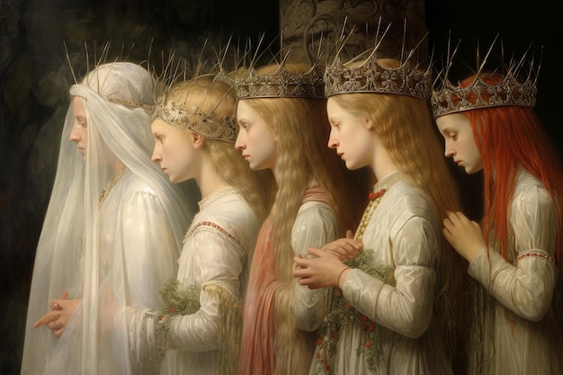 Ilustración de la pintura alemana de siete personas altas y hermosas de piel muy pálida.