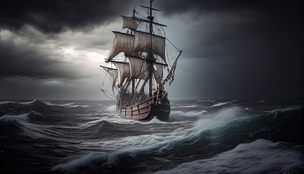 Ilustración pintura barco pirata navegando durante una tormenta lluvia de trueno grandes olas en el océano barco negro colocando velas en el mar de agua agitada pintura de arte digital