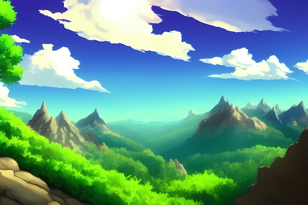 Ilustración de pintura digital de escena de paisaje con hermosas montañas verdes prados árboles