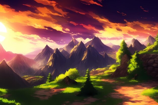 Ilustración de pintura digital de escena de paisaje con hermosas montañas verdes prados árboles