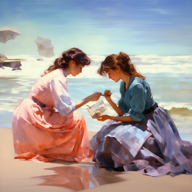 Ilustración de la pintura de estilo Sorolla 2 mujeres en la playa sentadas