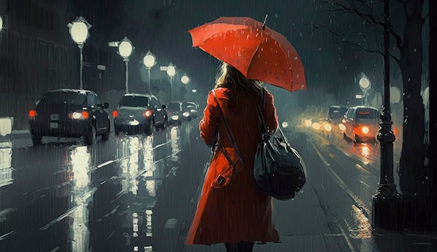 Ilustración pintura de mujer camisa roja con sombrilla roja cruzando la calle noche lluviosa Generar Ai