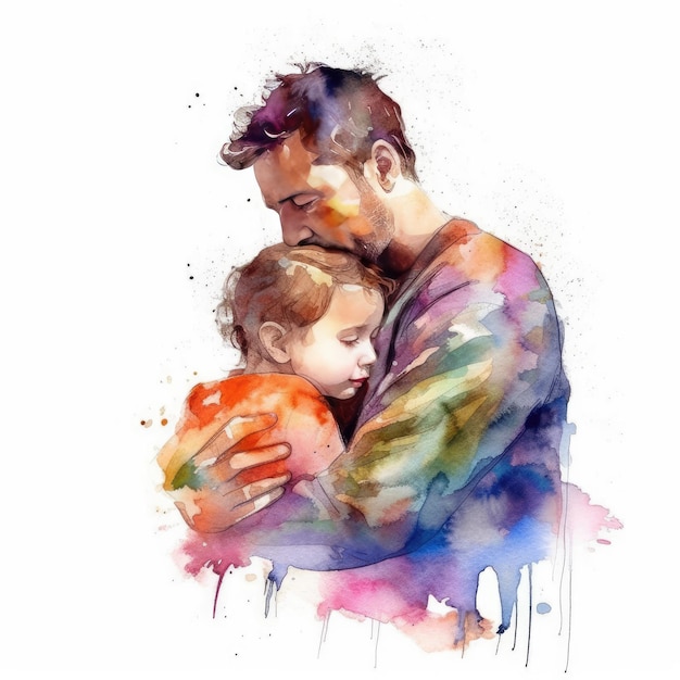 Ilustración de una pintura de un padre y un hijo usando coloridas acuarelas con expresiones