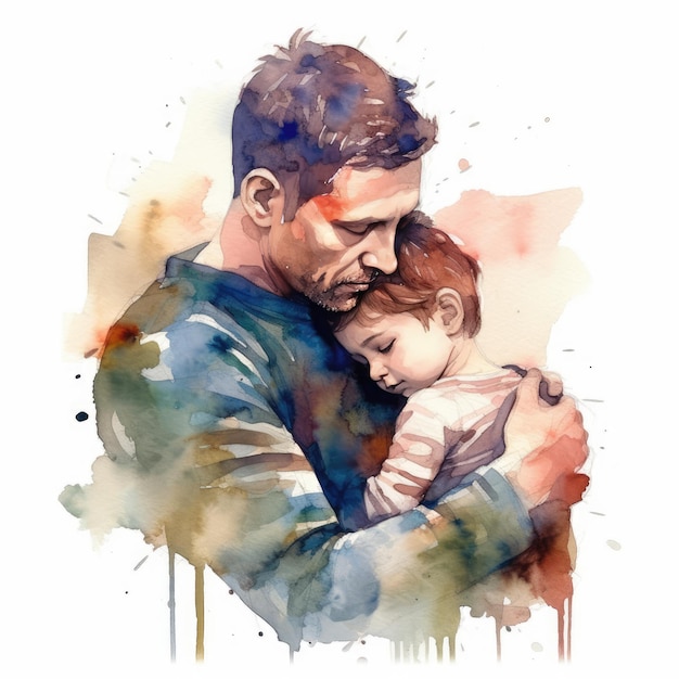 Ilustración de una pintura de un padre y un hijo usando coloridas acuarelas con expresiones