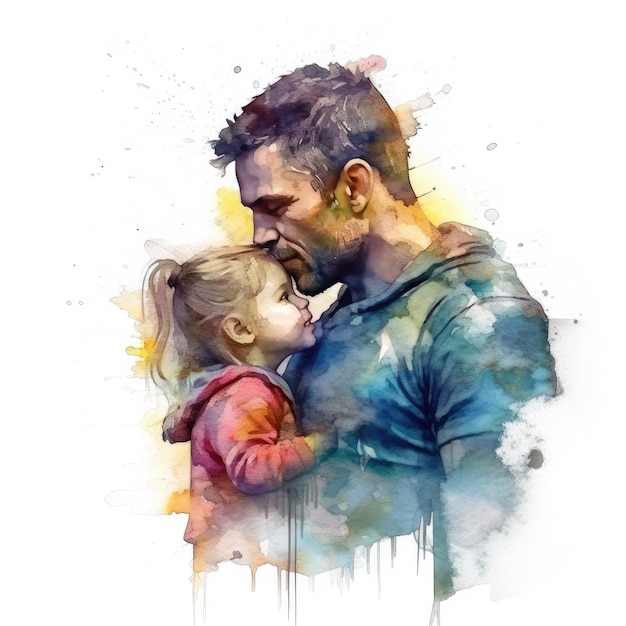 Ilustración de una pintura de un padre y un hijo usando coloridas acuarelas con expresiones