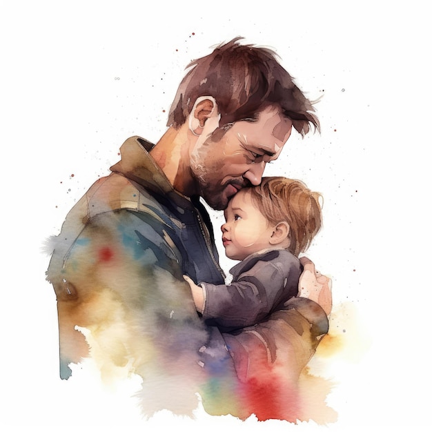 Ilustración de una pintura de un padre y un hijo usando coloridas acuarelas con expresiones