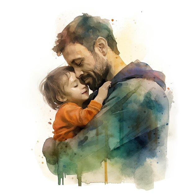 Ilustración de una pintura de un padre y un hijo usando coloridas acuarelas con expresiones