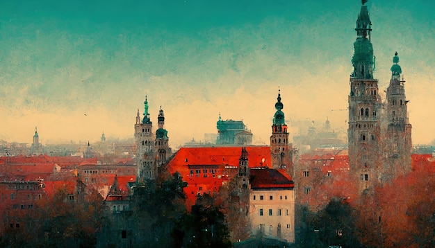Ilustración de pintura de paisaje de Munich Horizonte de la ciudad de Munich