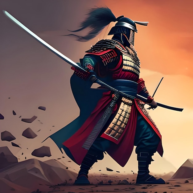 ilustración pintura Un samurai con una katana está listo para luchar contra un enorme ejército 3D illustra