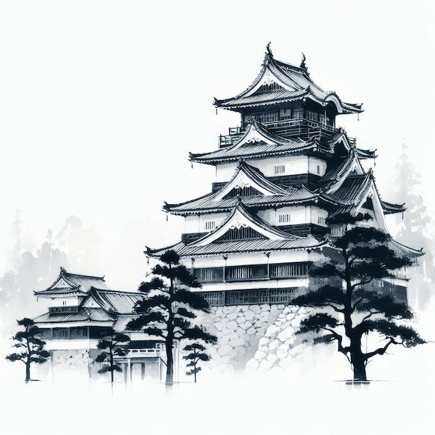 Foto ilustración de pintura de tinta para el día de showa con castillo japonés