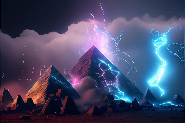 Ilustración de la pirámide de Egipto rodeada de luz mágica y trueno de humo AI
