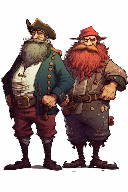 Ilustración pirata de dibujos animados con dos hombres barbudos parados uno al lado del otro