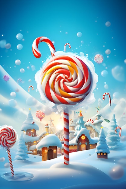 Ilustración de piruleta de Navidad Poster de Feliz Navidad y Feliz Año Nuevo con caramelos de Navidad sobre un fondo nevado de bosque Pintura de piruletas plantilla de tarjeta de felicitación mágica festiva