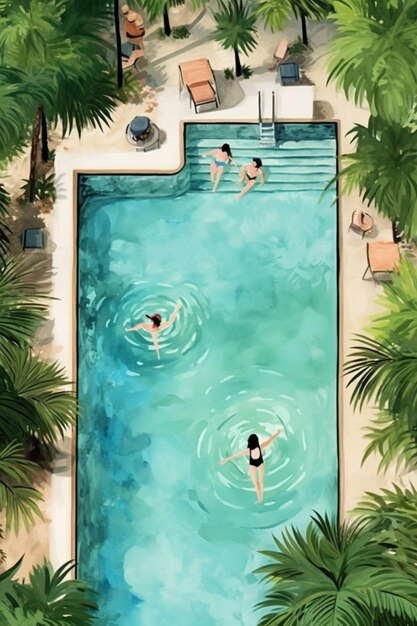 Ilustración de una piscina con personas nadando en ella rodeada de palmeras