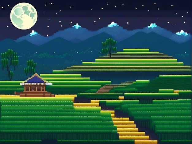 Ilustración de Pixel Art Paisaje de campos de arroz Terrazas con montañas y luna con estrellas