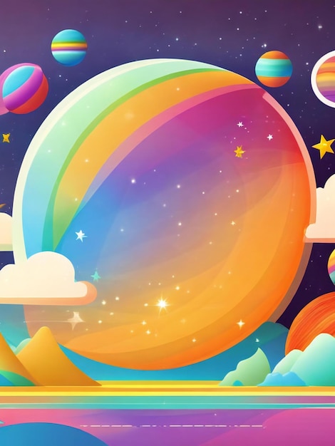 Foto una ilustración plana de arco iris de planetas y estrellas con un fondo de campo simple
