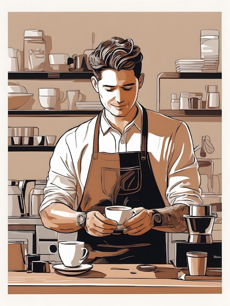 Ilustración plana de un barista masculino haciendo café