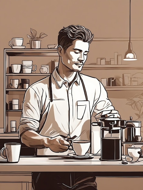 Ilustración plana de un barista masculino haciendo café