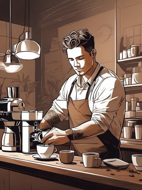 Ilustración plana de un barista masculino haciendo café