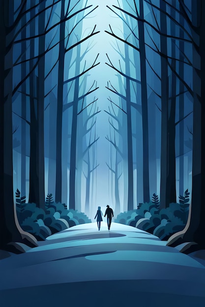 Ilustración plana de un bosque de hielo azul nocturno y luz nocturna a través de los árboles