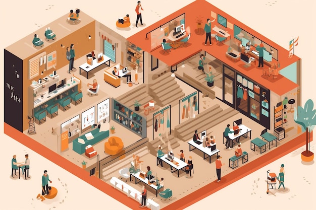 Ilustración plana de una bulliciosa área de coworking de planta abierta con colores neutros