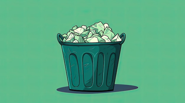 Ilustración plana de cesta verde llena de papel arrugado sobre fondo verde ai generativo