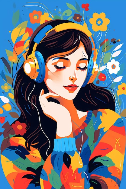 Ilustración plana en color de una niña con auriculares escuchando música generativa ai