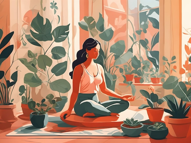 Una ilustración plana de una dama meditando