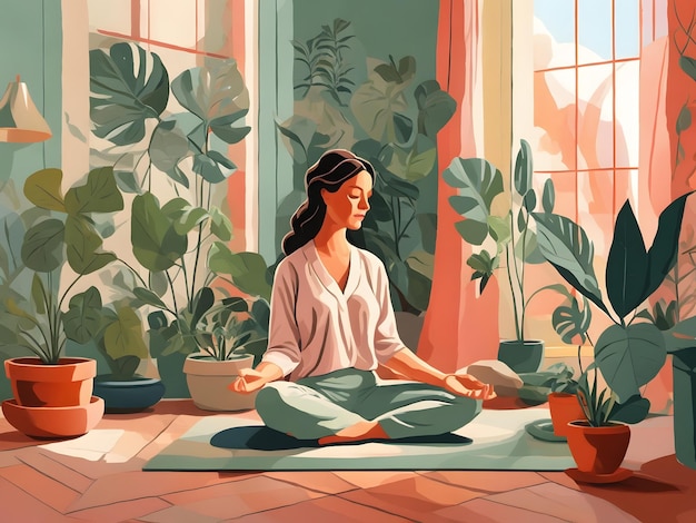 Una ilustración plana de una dama meditando