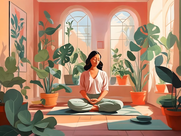 Una ilustración plana de una dama meditando